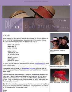Email Marketing Campaign created by Limitless Idea Project's design and copywriting expert Terry Talty using the myEmma platform on a template custom-designed for Diane Harty Millinary
